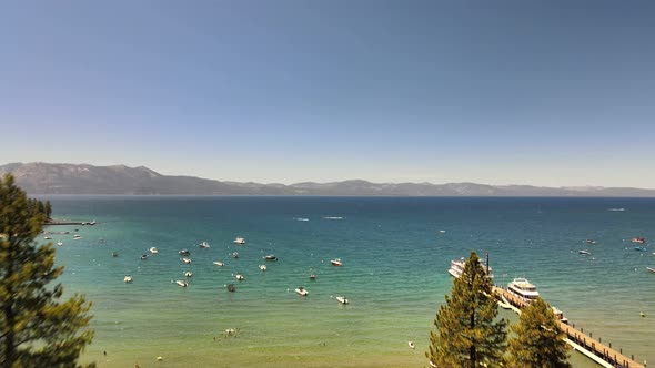 Drone footage in HDR flying up and over Zephyr Cove, Lake Tahoe, Nevada