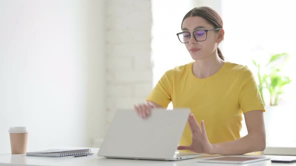 Woman Closing Laptop Standing Up, Going Away