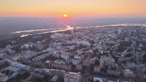 Ukraine, Kyiv : City Center in the Morning at Sunrise. Aerial View. Kiev.