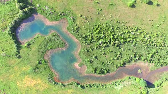 Aerial view of Jesenica river and surrounding in Croatian region Lika.