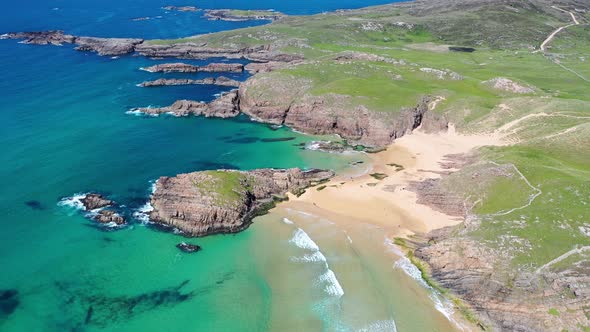 Aerial View of the Murder Hole Beach Officially Called Boyeeghether Bay in County Donegal Ireland