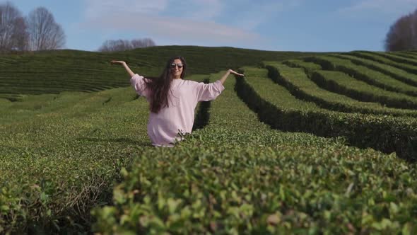 Brunette Tourist Girl Is Meditating Standing Between Tea Shrubs, Rising Hands