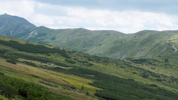 Landscape View of Green Hills in the Valley of Mountains with Coniferous Forests