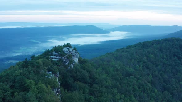 An aerial shot (counter-clockwise orbit) of Big Schloss, Great North Mountain and the Trout Run Vall