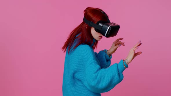 Girl Using Virtual Reality Futuristic Technology VR Headset Helmet to Play Simulation 3D Video Game