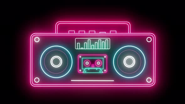 Retro Neon Rradio And Cassette Stereo Recorder On A Black Background