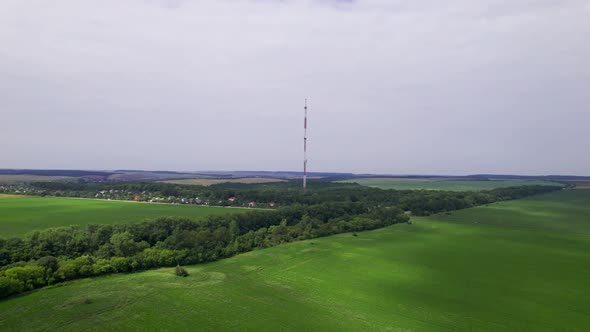 Aerial View Antenna Tower In The Green Countryside Fields