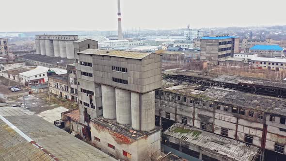 Aerial view of an abandoned industrial plant. Factory ruins.