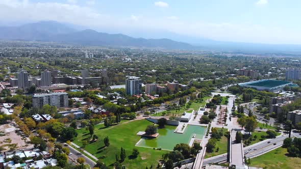 Central park Lagoon (Mendoza, Argentina) aerial view, drone footage