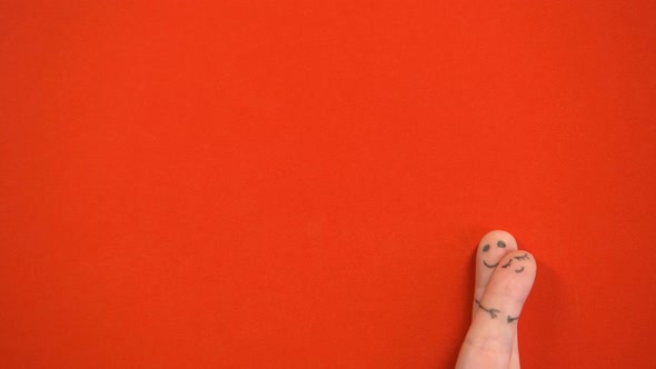 Hugging Finger Face Couple Isolated on Red Background, Valentines Day Template
