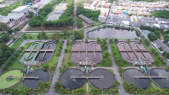 Aerial view High angle view Top down drone shot of the sewage treatment plant