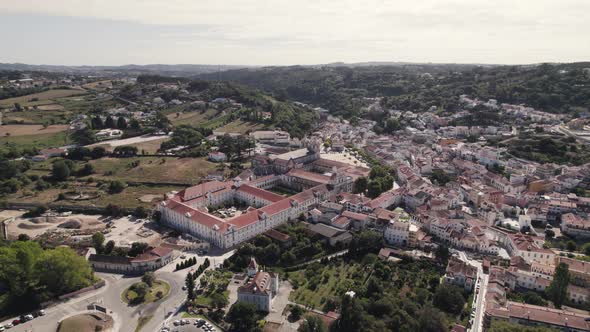 Aerial dolly out from the magnificent monastic building, Monastery of Santa Maria d'Alcobaça.