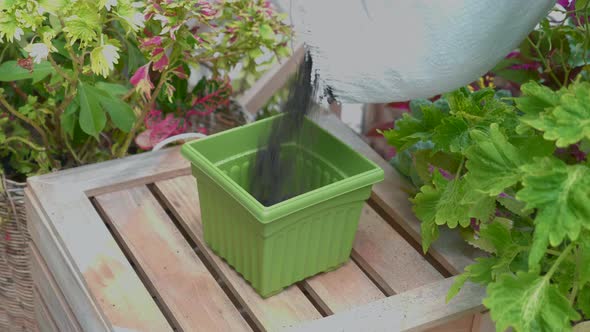 Slow Motion of Gardener Pouring Fresh Ground From the Bag Into Green Flower Pot