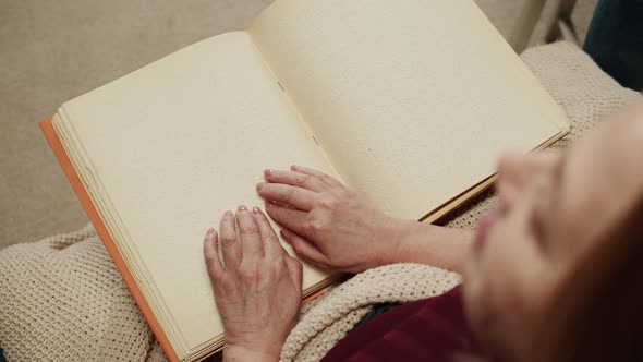 Blind Woman Reading Braille Book Top View Poorly Seeing Female Person Learning to Read Home