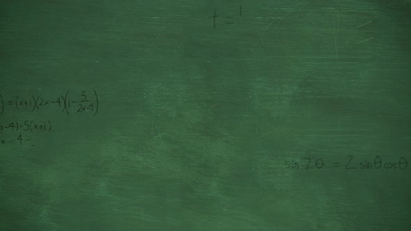 Mathmatical calculations falling to green chalkboard background 4k