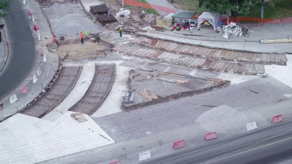 Road Construction Site with Tram Tracks Repair and Maintenance Aerial Timelapse