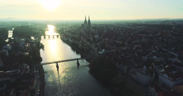 Drone shot of Regensburg and the old town in golden October