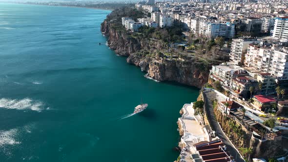 Yacht Sails Out of Port Aerial View Turkey Antalya 4 K