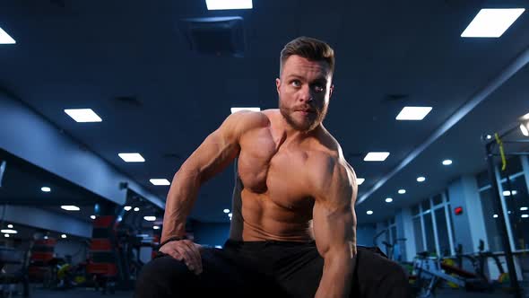 Powerful bodybuilder doing the exercises with dumbbells