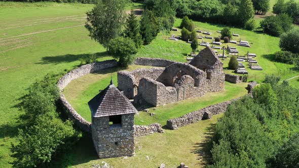 Aerial view of a historically church in the village of Lucka in Slovakia