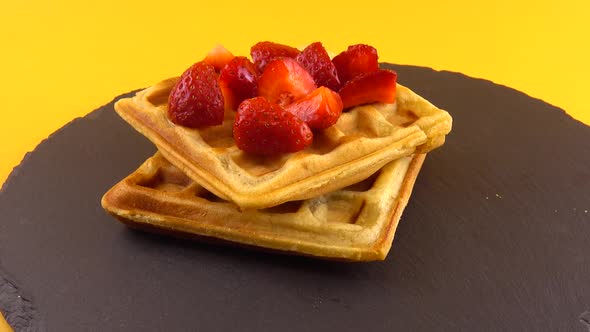 Belgian waffles with strawberry on a stone board on an orange background.