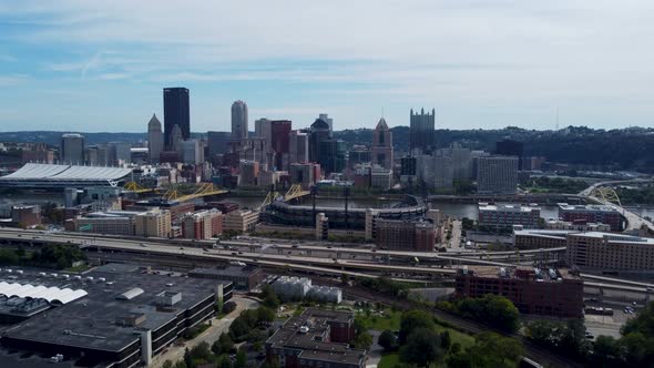 Pittsburgh skyline from north of downtown, aerial drone