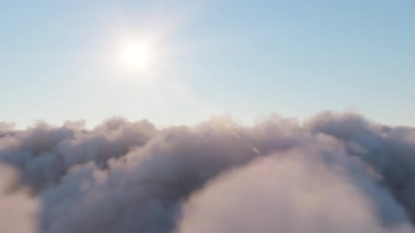 Flight Through Moving Cloudscape with Beautiful Sun Rays