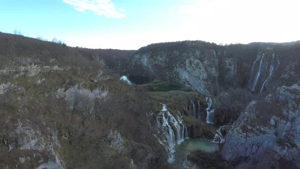 Aerial view of a waterfall scenery, Plitvice Park