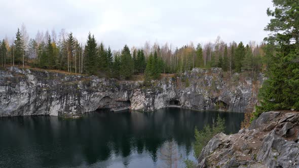 Mountain Park Ruskeala at Autumn Season. Marble Canyon in Sortavala Region of Republic of Karelia