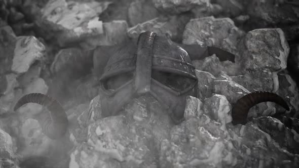 Ancient Viking Warrior Helmet Embedded In A Rocks And Ice