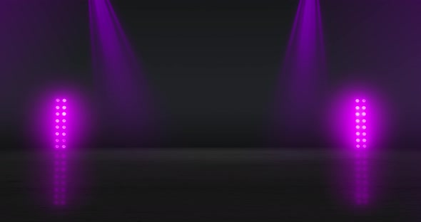 Stage background animation. Purple neon lights on dark background. Copy space