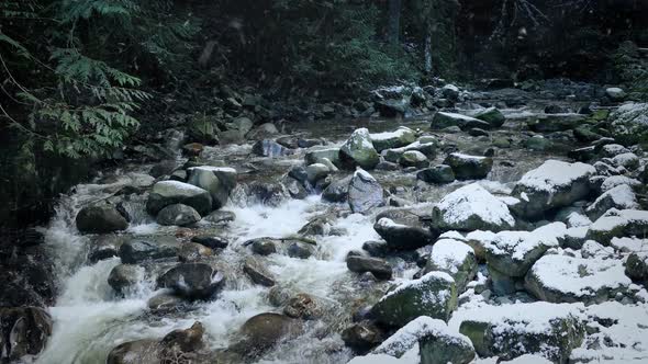 Wild River With Snow Falling