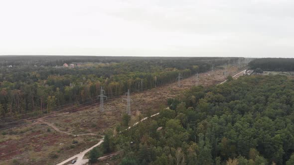 Transmission power lines in forest. Power lines, Green energy sustainability, renewable concept