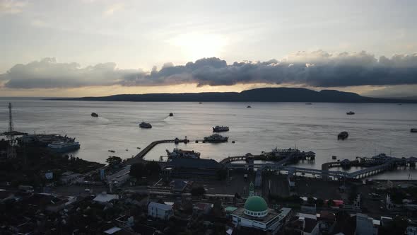 Aerial view of Ferry boat crossing the Ketapang port. From Banyuwangi to Gilimanuk Bali Indonesia.