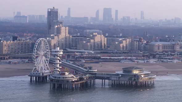 Aerial view of Scheveningen pier with white ferris wheel; The Hague