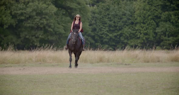 Woman Riding Horse on Farm. Recreation - Woman Walking with Horse