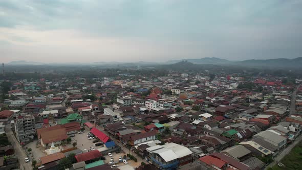 Aerial view of rural city by the Mekong river by drone