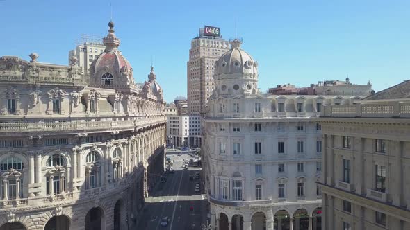 Aerial panoramic drone view of De Ferrari square in Genoa, Italy. Central part of the city, aerial