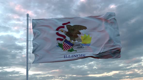 Realistic Flag of Illinois - US State Waving in the Wind Against Deep Dramatic Sky