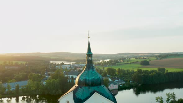 Flying Around the Pilgrimage Church of Saint John of Nepomuk on the Green Hill at Sunset