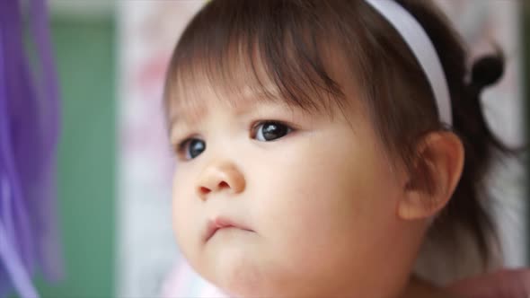 Cute Caucasian Mixed Toddler Baby Infant Girl Looking at Something Curiously