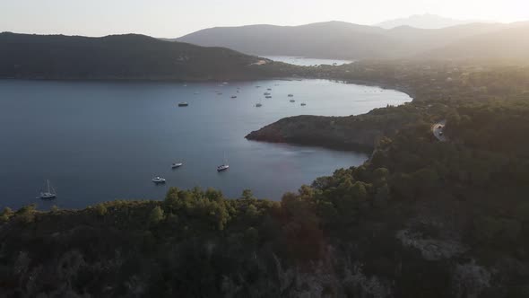 Aerial view of Lacona bay at sunset, Elba Island, Tuscany, Italy.