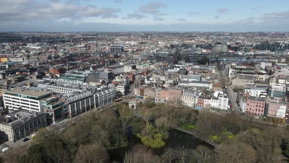 Drone shot of Dublin City Centre on a sunny day.