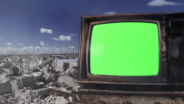 Vintage Television Set turning on Green Screen with Color Bars in a Dead City. Zoom Out.