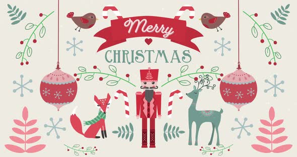 Animation of Merry Christmas words with animals on Christmas decorations background