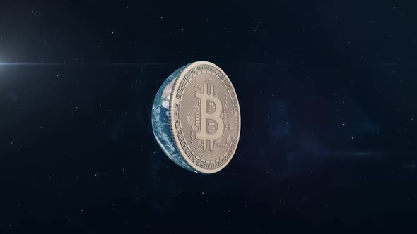 Bitcoin - Planet Earth Rotating to Reveal Cryptocurrency Coin