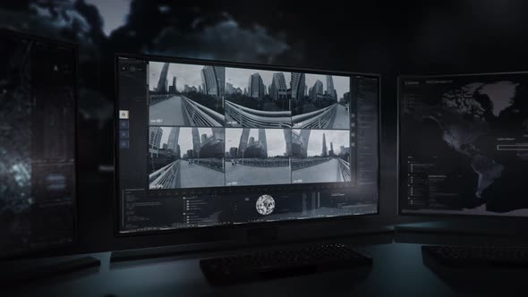 Modern Spy system checking the surveillance camera of the bridge in the town alt