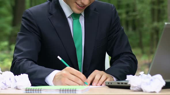 Happy Male in Suit Developing New Idea, Breakthrough Alternative Energy Sources