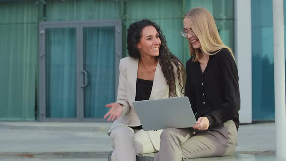 Confident Businesswomen Using Laptop Outdoor Show Thumbs Up Business Achievement Satisfied Happy
