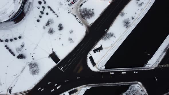 Winter aerial view to circus with river in Kharkiv
